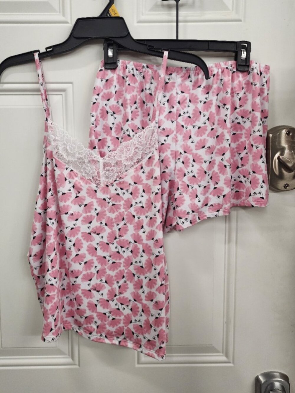 New Joyspun Lace Trim Cami & Short Set Pajamas - White & Pink - Size Large 12/14